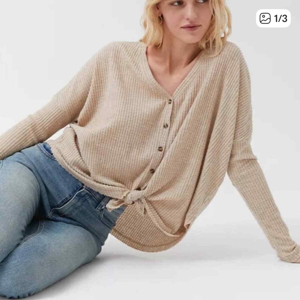 Urban Outfitters Out From Under Jojo Waffle Thermal Cream Green Button Down Top